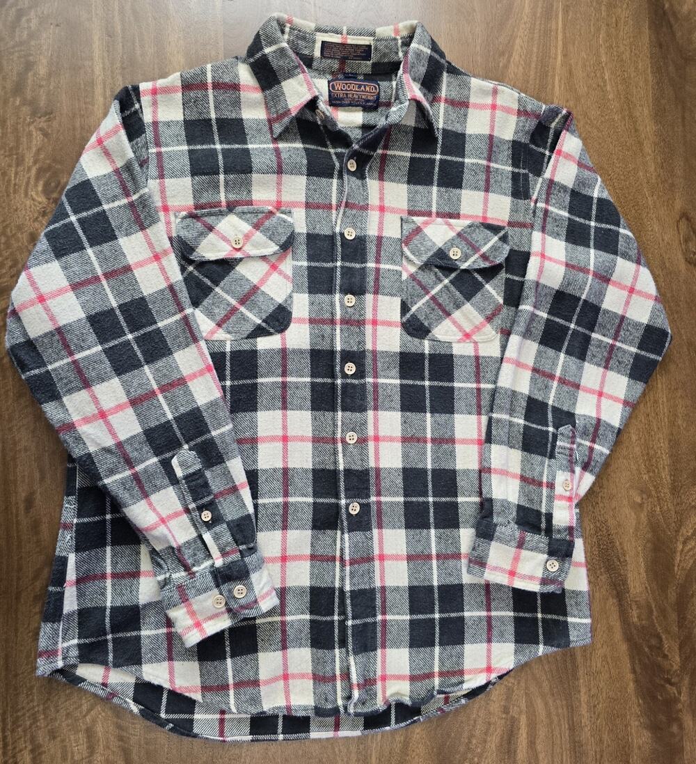 VTG 80s Woodland Extra Heavyweight Flannel Shirt Mens L Plaid Woven Cotton Thick